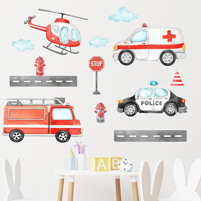 Mfault Vehicles Transportation Wall Decals Stickers, Helicopter Ambulance Fire Truck Police Car Nursery Decorations Boys Bedroom Art, Stop Roadblock Hydrant Cloud Toddlers Kids Room Playroom Decor