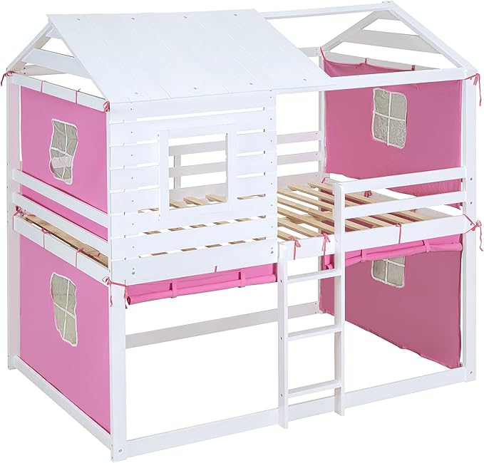 Full Size House Bed Tent Bed with Windows for Kids Teens Boys Girls, Solid Wood Bunk Bed Frame with Guardrails, Versatile Spacious Under Bed Space with Curtains (Pink-Tent Full)