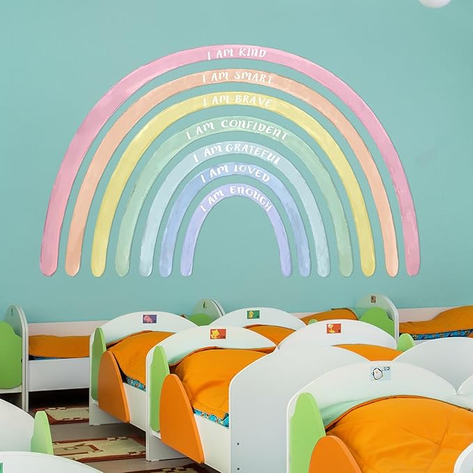 Tinideya 76.77x47.24'' Watercolor Large Rainbow Wall Decal Classroom Wall Decor with Inspirational Quote Peel and Stick Stickers Waterproof Wallpaper for Girls Kids Bedroom Nursery Playroom(Pastel)