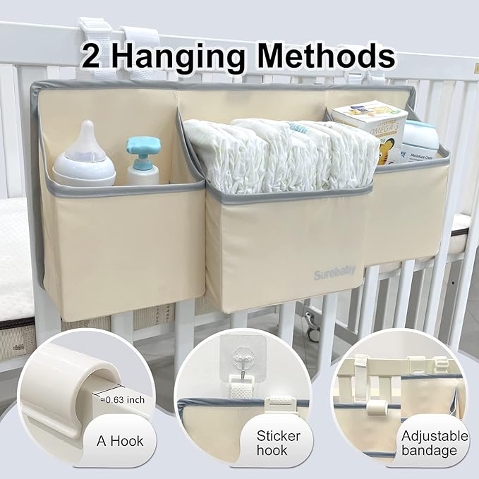 Hanging Baby Diaper Caddy, 3-in-1 Diaper Caddy Organizer Holder For Baby Crib, Nursery Organization Diaper Stacker Storage For Crib, Changing Table, Car, Wall-Beige