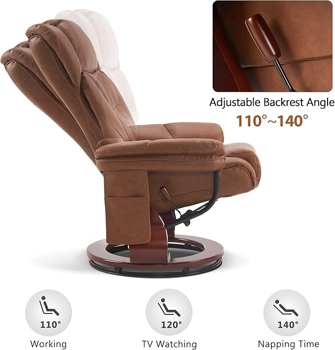 MCombo Swivel Recliner with Ottoman, Faux Leather TV Chair with Vibration Massage, Ideal for Small Space, Living Room & Bedroom 4734 (Saddle)