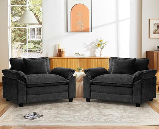 CDCASA Oversized Accent Chair, Chenille Comfy Cloud Sofa Chair with Large Seat and Upholstered Armrests, Modern Extra Wide Armchair Reading Chairs for Bedroom, Living Room,Set of 2,Black