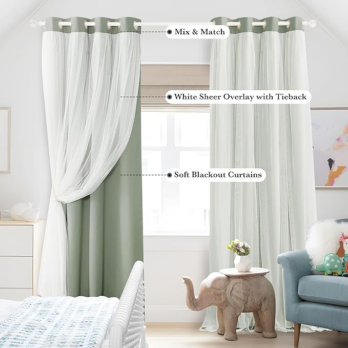 PONY DANCE Living Room Curtains 84 Inch Length - Sheer Overlay Blackout Curtains, 52 inches Wide, Window Treatment Panels, Cortinas De Sala Elegantes (Sage Green, Set of 2, with Extra Tie-Backs)
