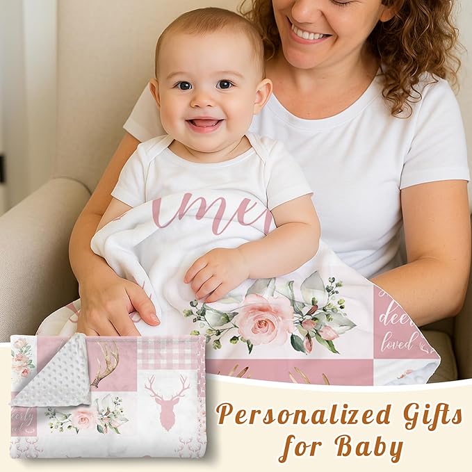 Personalized Baby Blanket with Name, Custom Pink Woodland Deer Blanket for Kids, Soft Flannel Bed Throw Blanket Swaddle for Newborn, Customizable Baby Gift & Nursery Blanket(60" x80)