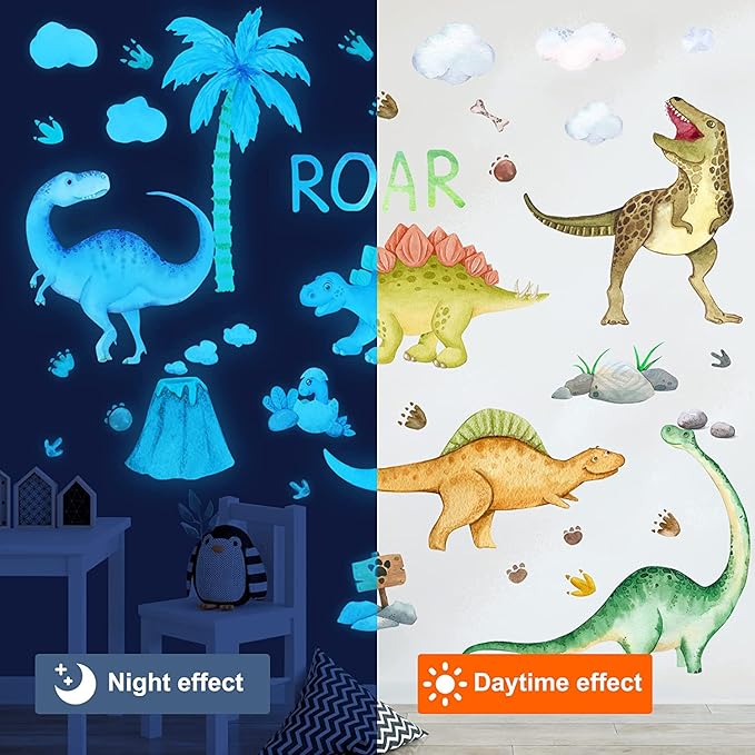 Sinekong Dinosaur Wall Decals Glow in The Dark Vinyl Watercolor Dinosaur Decal Large Removable Dino Wall Stickers for Boys Bedroom Kids Girls Baby Nursery Playroom Living Room Wall Decor
