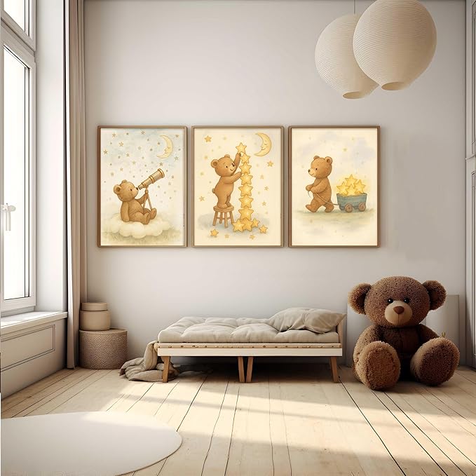 3Pcs Bear Nursery Wall Art Cute Teddy Bear with Stars and Moon Poster Animals Playing with Stars and Telescope Neutral Baby Room Decor Dreamy Prints for Kids and Babies Bedroom 8x10in Unframed