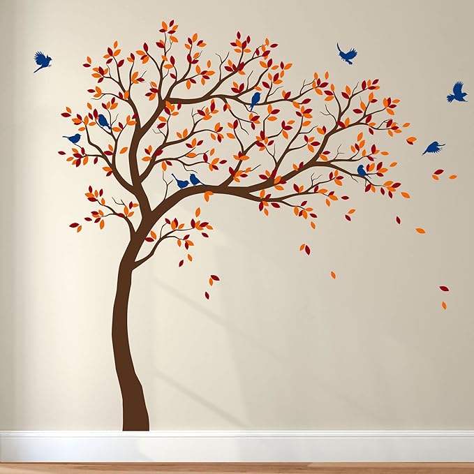 Large Tree Wall Decals Nursery Leaning Tree Stickers with Birds Wall Art Mural Vinyl Decor KW032 (Leaning Right, Brown; Light Orange; Dark Red; Blue)