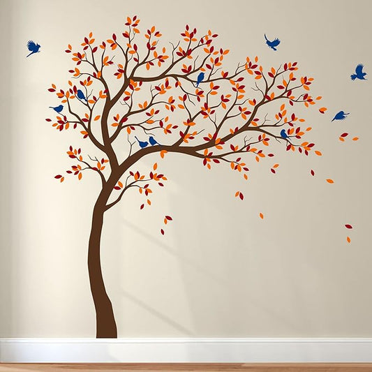 Large Tree Wall Decals Nursery Leaning Tree Stickers with Birds Wall Art Mural Vinyl Decor KW032 (Leaning Right, Brown; Light Orange; Dark Red; Blue)