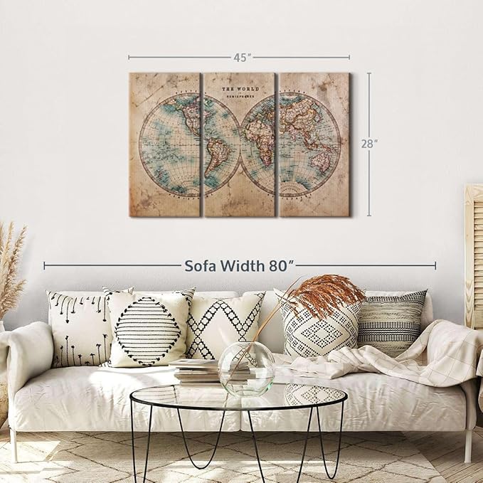 ElephantStock Hemisphere Map Wall Art Multi Piece Canvas - 3 Piece Canvas World Map Wall Decor - Wall Decor Print - Vintage Wall Art - 45" X 28"