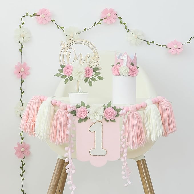 Wildflower First High Chair Banner Birthday Decorations For Girl One Flower Cake Topper Floral Hat 1st Birthday Decoration Supplies
