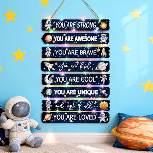 Cool Classic Space Astronaut Sign Nursery Wall Decor Set of 8, 16x5 Modern Motivational Cute Rocket Planets Plaque Wall Art for Baby Boy Kid Teen Toddlers, 4 PCS Wooden Gallery Quote Gift for Gameroom
