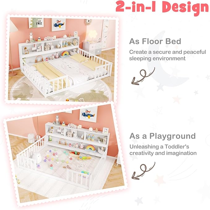 KOMFOTT Full Floor Bed with Bookcase & Shelves, Wood Bed Frame with Bedside Bookshelves & Guardrails, Versatile 2-in-1 Montessori Floor Bed for Kids (White)