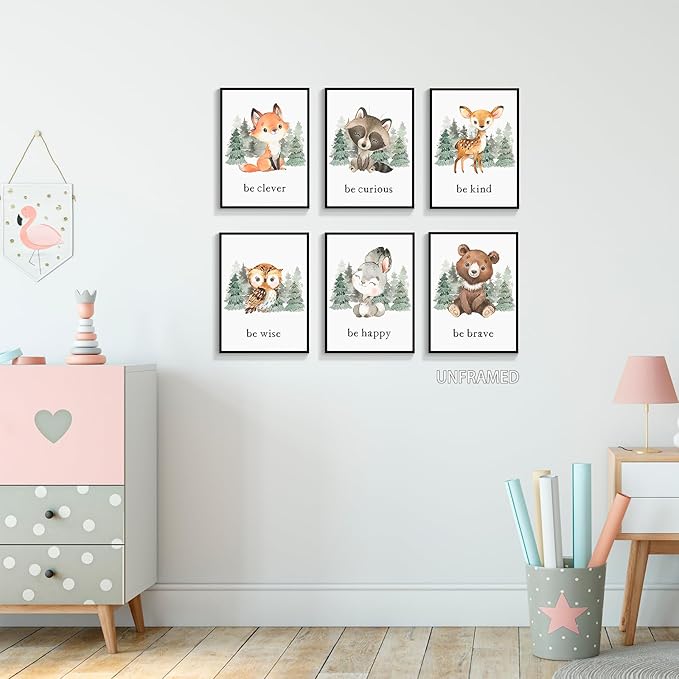 gooptyinh Woodland Nursery Animal Canvas Wall Art, 6 Piece Inspirational Forest Animals Print Posters, Motivational Quotes Cute Bear Fox Rabbit Deer Raccoon Owl Decor for Baby Bedroom 12x16in Unframed