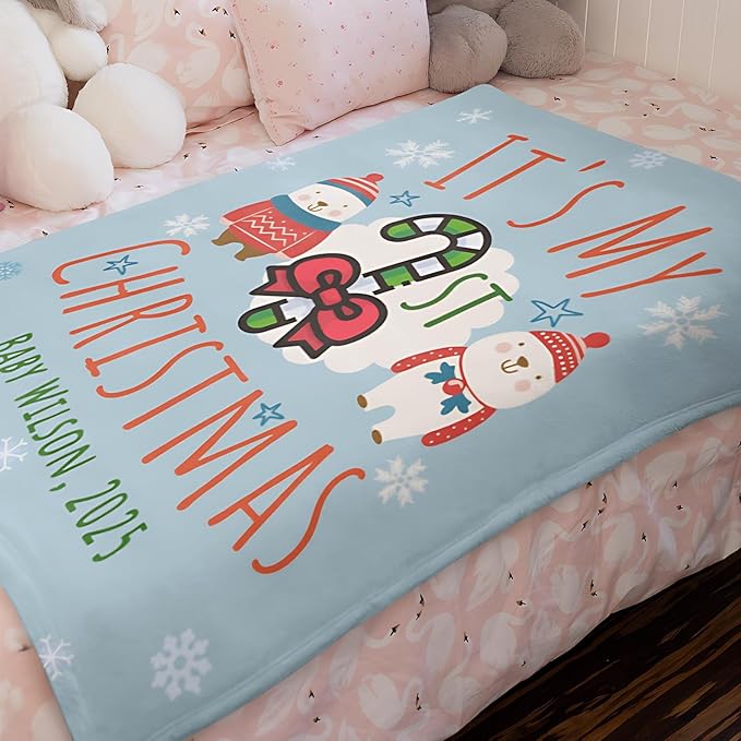 Personalized Baby's First Christmas Blanket, Custom Snowmen Candy Canes Baby Name Christmas Blanket, Soft Fleece Or Sherpa Throw, Baby Shower, Made in USA