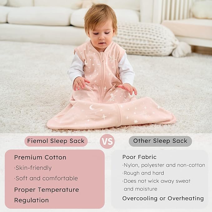 Baby Sleep Sack 0-6 months, 100% Cotton Sleeping Sack for Newborn and Infant, 3 Pack Baby Wearable Blanket, 0.5 Tog Lightweight Double Zipper Sleep Bag Small Pink Stars Moon