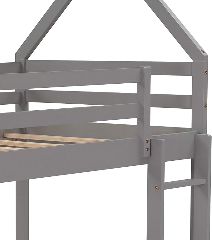 MERITLINE House Shaped Bunk Bed Twin Over Twin Size Wood Bunk Bed Frame Low Bunk Beds for Kids and Toddlers, Twin Size,Grey