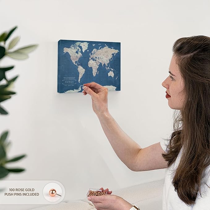 ElephantStock - World Adventures Push Pin Travel Map I Wall Art - Horizontal Canvas Wall Art - Living Room Wall Decor - Printmaking Map Canvas Art - Blue And Beige Decor - 12" x 8"