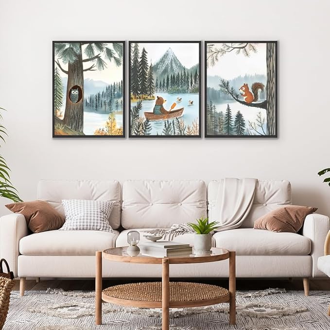 3 pcs Woodland Animal Nursery Wall Art Whimsical Kids wall decoration pictures Bear Owl Squirrel Illustrations Posters Prints for Playroom Toddler Bedroom Home Decor Unframed (12x16in poster)