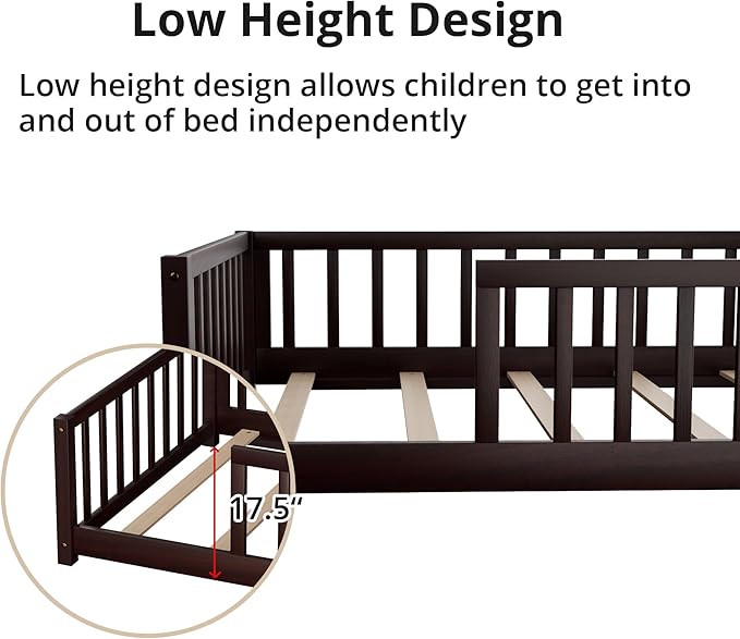 LLS Twin Floor Bed for Children, Durable Montessori Floor Bed with Sturdy Slats and Safety Fence, Solid Wood Floor Bed Frame for Girls Boys and Teens, Espresso (Without Door)