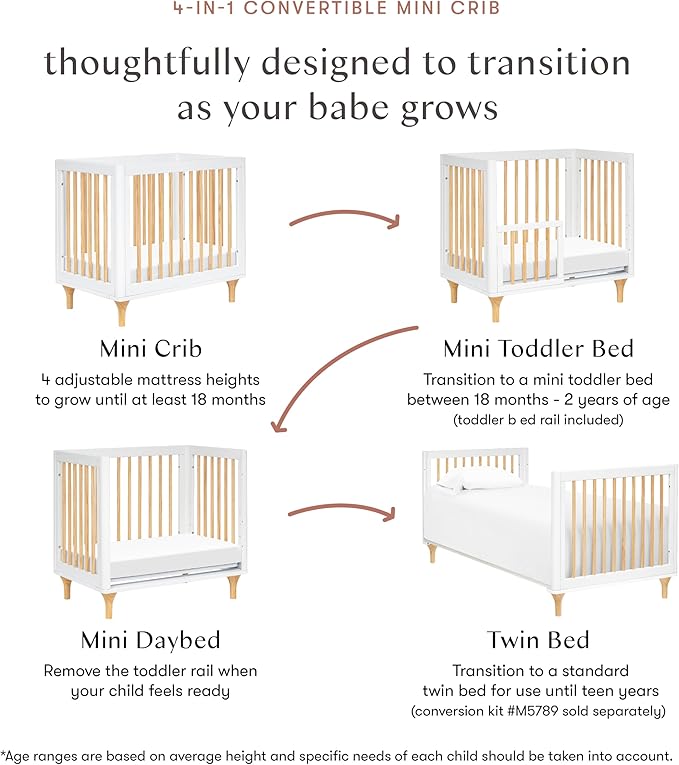 Babyletto Lolly 4-in-1 Mini Crib Convertible to Mini Wooden Toddler Bed, Daybed & Twin-Size Bed - GREENGUARD Gold Certified - Made of 100% Solid Wood - Includes Toddler Conversion Kit - Washed Natural
