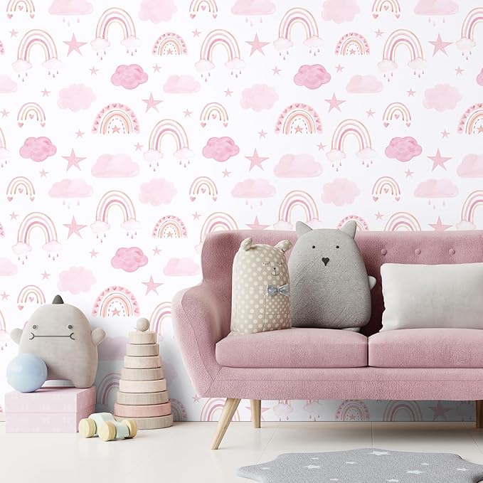 CHIHUT Watercolor Pink Rainbow Peel and Stick Wallpaper Boho Cute Rainbow Contact Paper for Cabinets Walls 17.7”x100” Kids Self Adhesive Removable Wallpaper Mural for Nursery Classroom Playroom