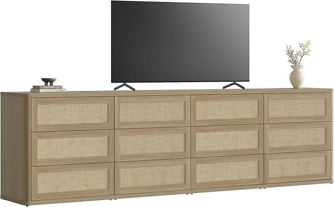 SICOTAS Dresser for Bedroom 12 Drawer Dressers & Chests of Drawers for Nursery Large Long Rattan TV Stand Set for Bedroom Living Room 103" Wide Boho Clothes Closet Storage for Closet Hallway Entryway