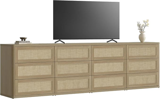 SICOTAS Dresser for Bedroom 12 Drawer Dressers & Chests of Drawers for Nursery Large Long Rattan TV Stand Set for Bedroom Living Room 103" Wide Boho Clothes Closet Storage for Closet Hallway Entryway