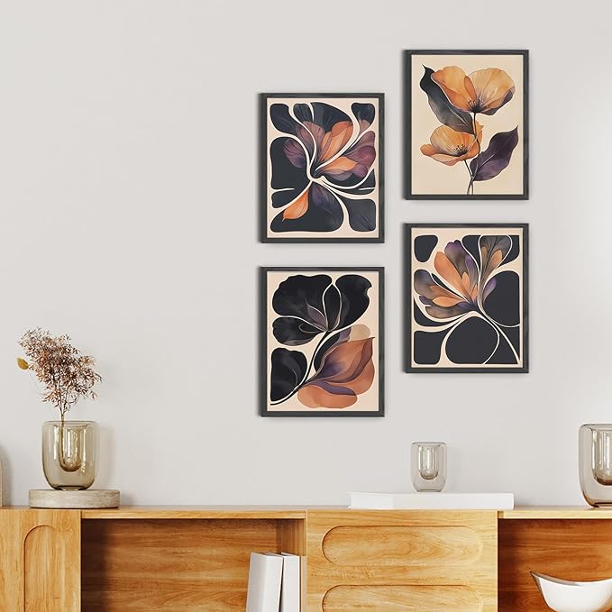 JINYO Vintage Boho Orange and Black Abstract Floral Wall Art Prints Set of 4, Dark Cottagecore Decor, Mid Century Modern Flower Wall Decor Posters Pictures for Home Bedroom Living Room, 8x10 Unframed