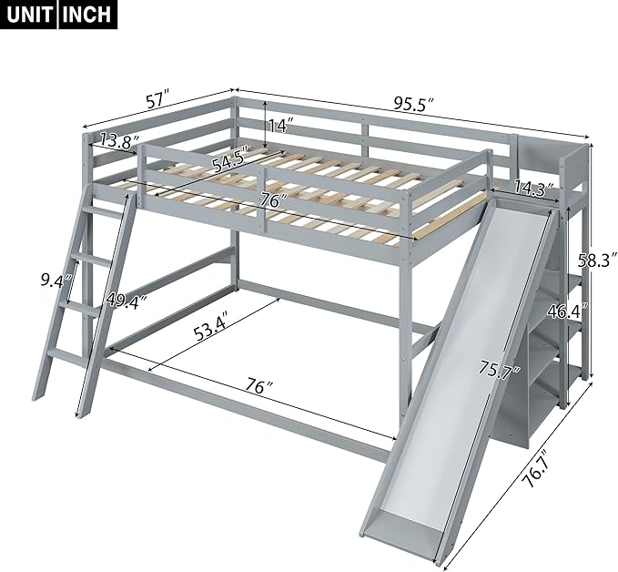 Full Over Full Bunk Bed with Ladder, Wooden Bunk Bed Frame with Slide and Shelves, Low Bunk Bed for Kids Teens Adult, Space-Saving Bedroom Dormitory Furniture (Gray + Pine-05)