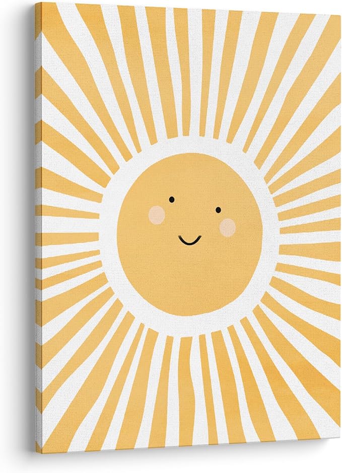 XWELLDAN Cute Cartoon Smiling Sun Cheerful Nursery Wall Art Canvas Prints,Watercolor Boho Neutral Sun Sunshine Wall Art Decor for Kids Baby Bedroom Nursery Playroom, 11 x 14 Inch, Framed