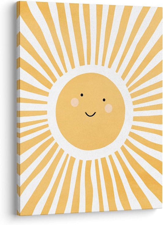 XWELLDAN Cute Cartoon Smiling Sun Cheerful Nursery Wall Art Canvas Prints,Watercolor Boho Neutral Sun Sunshine Wall Art Decor for Kids Baby Bedroom Nursery Playroom, 11 x 14 Inch, Framed