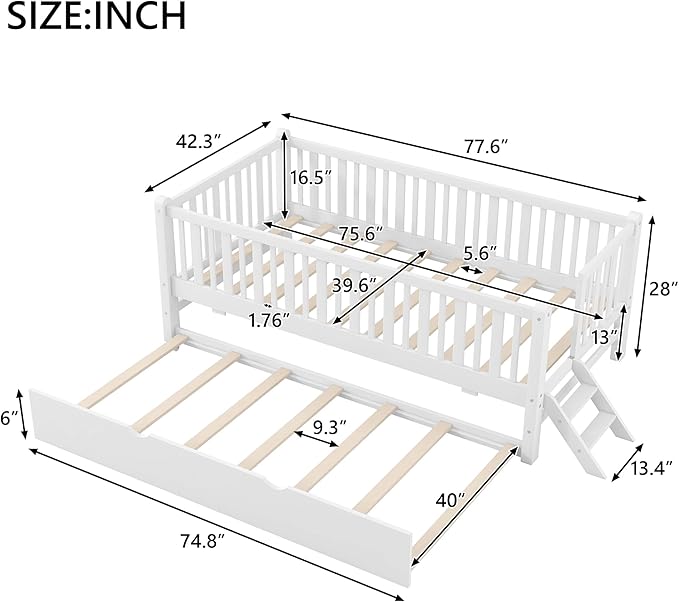 Twin Size Platform Bed with Guardrail and Trundle, Wood Kids Platform Bed Frame with Two-Step Ladder for Boys Girls, Sturdy Slats Support (White-1.26T)