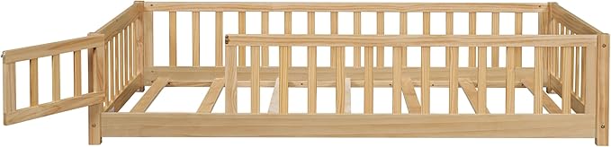 Twin Size Montessori Floor Bed Frame with Door,Wood Montessori Bed w/Guardrails & Wood Slats for Girls & Boys,Natural