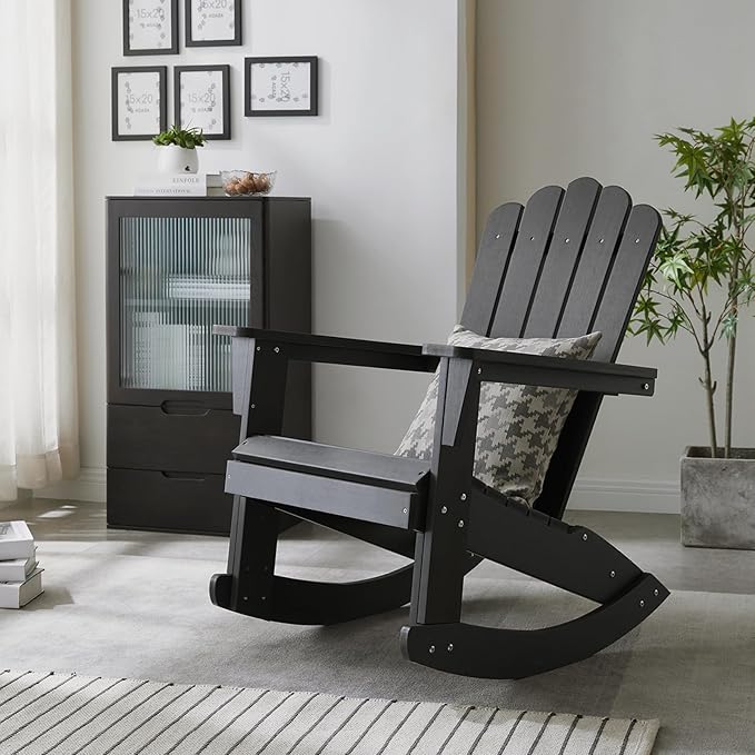 Psilvam Outdoor Adirondack Patio Rocking Chair, Poly Lumber Porch Rocker with High Back, Outdoor Rocking Chairs Set of 2 (Black)