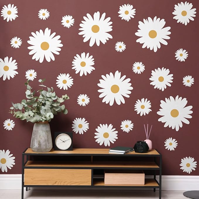 TaoBary 12 Sheets Daisy Wall Decal Flower Wall Sticker Cute Daisy Sticker Pink White Flower Decal Peel and Stick Floral Wallpaper for Nursery Bedroom Home Decor(White, Yellow,Multi Petal Style)