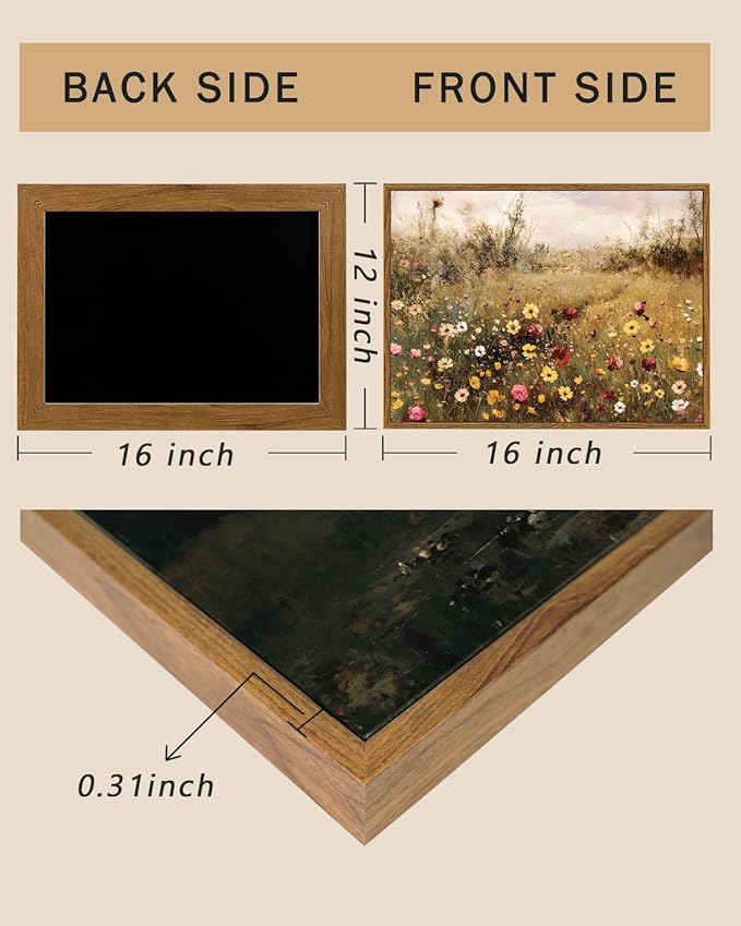 ARPEOTCY Vintage Framed Canvas Wall Art, 12x16inch, Meadow with Flowers Landscape Paintings, Classical Wildflower Field Scene Prints Decor, Hanging Wall Decor for Living Room Bedroom Office