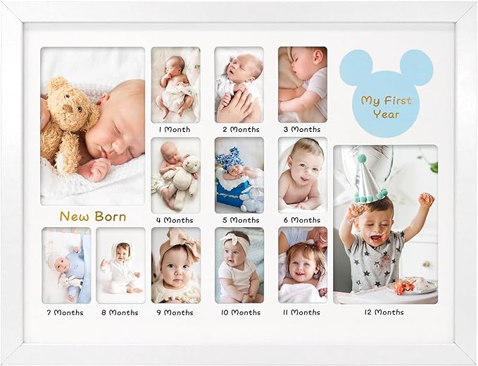 My First Year Photo Frame 12x16, Baby's First Twelve Months 4x6 and 2x3 Wallet Pictures Milestone Board Keepsake, as New Mom Baby Newborn Gift, White