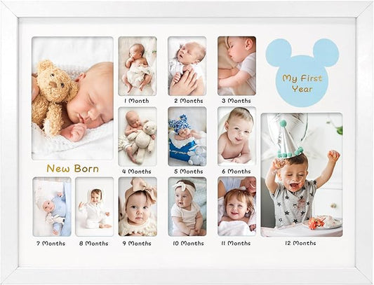 My First Year Photo Frame 12x16, Baby's First Twelve Months 4x6 and 2x3 Wallet Pictures Milestone Board Keepsake, as New Mom Baby Newborn Gift, White