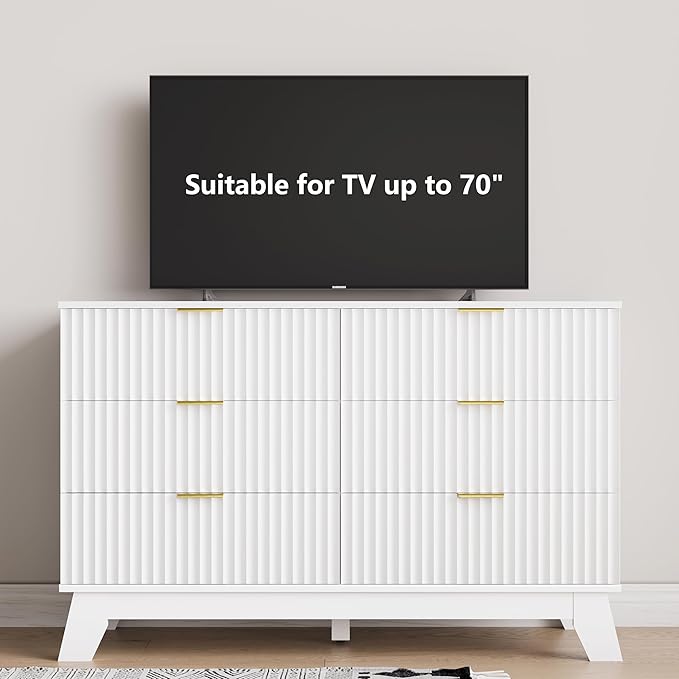 6 Drawer Dresser for Bedroom, Fluted White Dresser Chest of Drawers with Gold Handle, Mid Century Modern Dressers for Closet, Bedroom Chest Storage Organizer for Living Room, Hallway