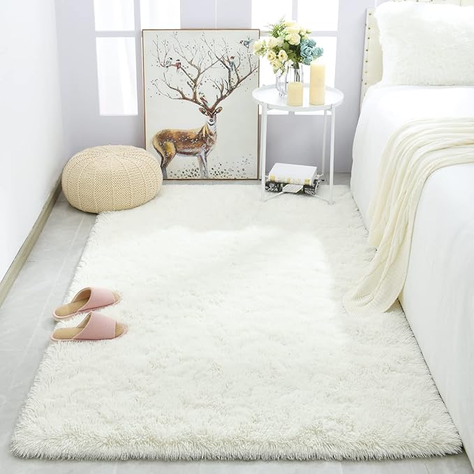 Merelax Soft Modern Indoor Shaggy Area Rug for Bedroom Livingroom Dorm Kids Room Home Decorative, Non-Slip Plush Fluffy Furry Fur Rugs Comfy Nursery Accent Floor Carpet 3x5 Feet, Ivory
