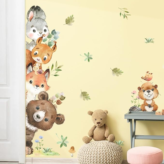 Tanlaby Jungle Animals Wall Stickers Cartoon Woodland Animal Wall Decals Bear Fox Forest Self-Adhesive Mural Removable Wall Art Sticker for Baby Nursery Kids Bedroom Playroom Daycare Classroom Decor