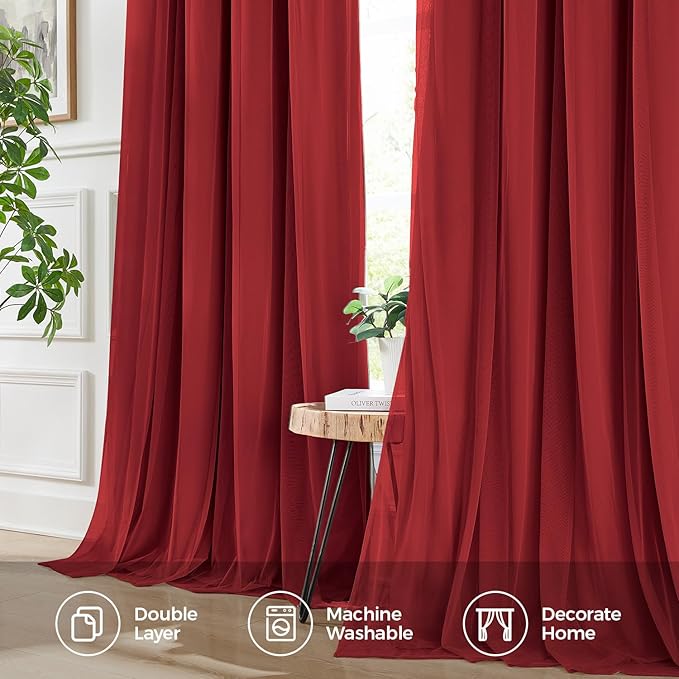 100% Blackout Curtains for Bedroom, Double Layer Red Curtains, Black Out Curtain 108 inch Long with Sheer Overlay for Living Room, Room Darkening Window Drapes with Grommet, 52" W x 108" L