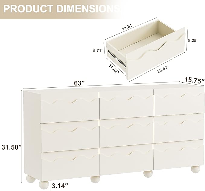 Anbuy Begie Scalloped Dresser for Bedroom with 9 Drawers, 63" Wide Modern Chest of Drawers with Hidden Handle, Wooden Dresser, Fluted Wood Closet Clothes Storage Organizer for Living Room, Hallway