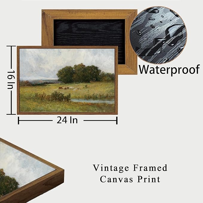 OIQArtOIQ Vintage Landscape Canvas Wall Art Framed Natural Scenery Painting Artwork Prints France Country Wilderness Farmhouse Decor Pictures Kitchen Bedroom Living Room Bathroom