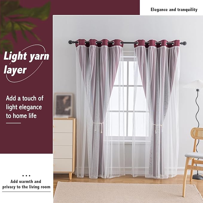Anytime Home Curtains Blackout and Sheer Layered Solid Window Curtain Panel Pair with Grommet Top, 52Wx95L,Wine Red