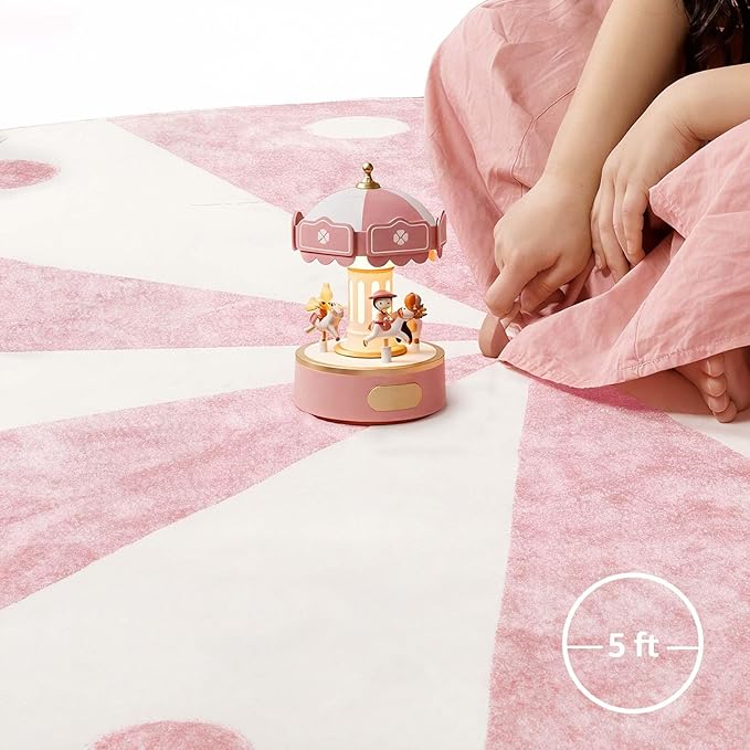 jinchan 5ft Round Rug Light Pink Washable Fun Cute Playroom Mat Non Slip Cheerful Circle Cool Rug Soft Cozy Low-Profile Playful Carousel Throw Carpet for Kids Gift Teens Dorm Entryway Bedroom
