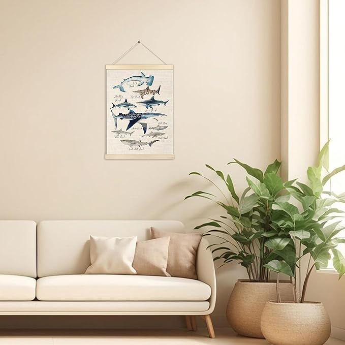 Ecezatik Species of Sharks Wall Art with Wooden Poster Hanger, Shark Posters, Beach Room Decor, Ocean Room Decor, Shark Wall Art Decor for for Classroom Nursery Kids Room Playroom, 12x16 Inch