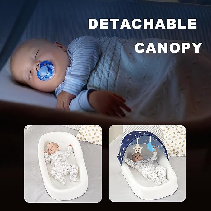 Large Portable Baby Lounger Nest-Travel Bassinet,Canopy & Mosquito Net-Lightweight Foldable Bassinet Lounger Cotton Cover & Supportive Mattress pad Washable Indoor-Outdoor Use,Blue