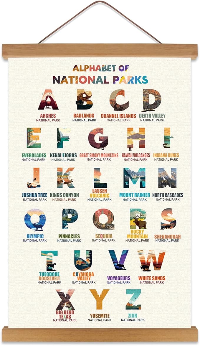 KAIRNE National Parks ABC Poster,Nature Scenery Alphabet Canvas Art Print,Travel Themed Wall Decor with Wood Magnetic Hanging Decoration(35X56CM) Alphabet of National Parks for Traveler Room Decor