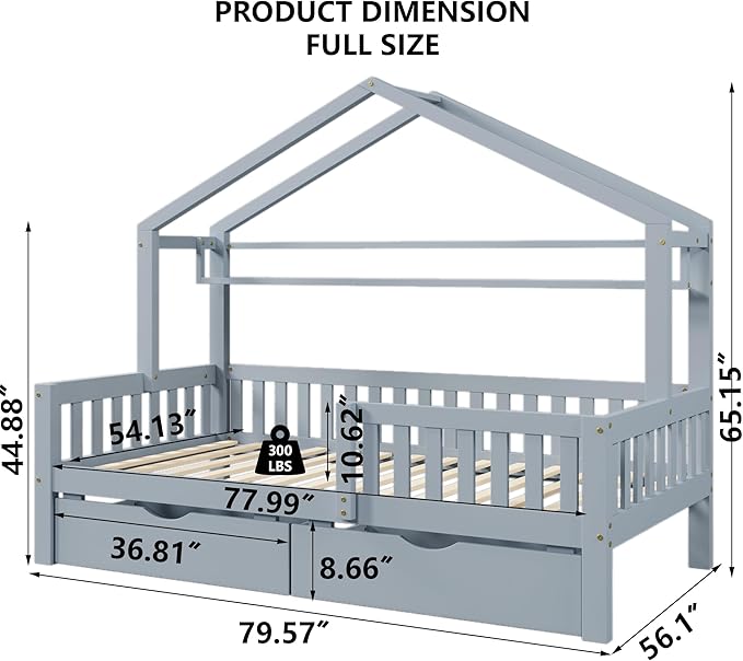 Aoowow Full Size House Bed with Storage Drawers and Shelf, Kids Twin Bed Frame Wooden Platform Bed with Guardrails and Slats for Boys Girls Teens for Bedroom(Grey)